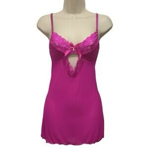 Seven Til Midnight Fuchsia Pink Lace Mesh Chemise Slip OS Bow Rhinestone Y2K